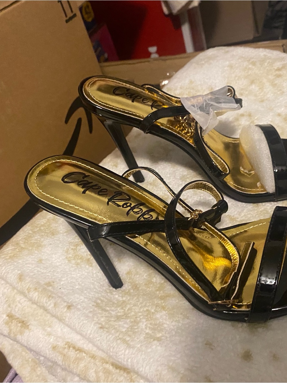 Cape Robbin Black Patent Stiletto Sandals with Gold Insole